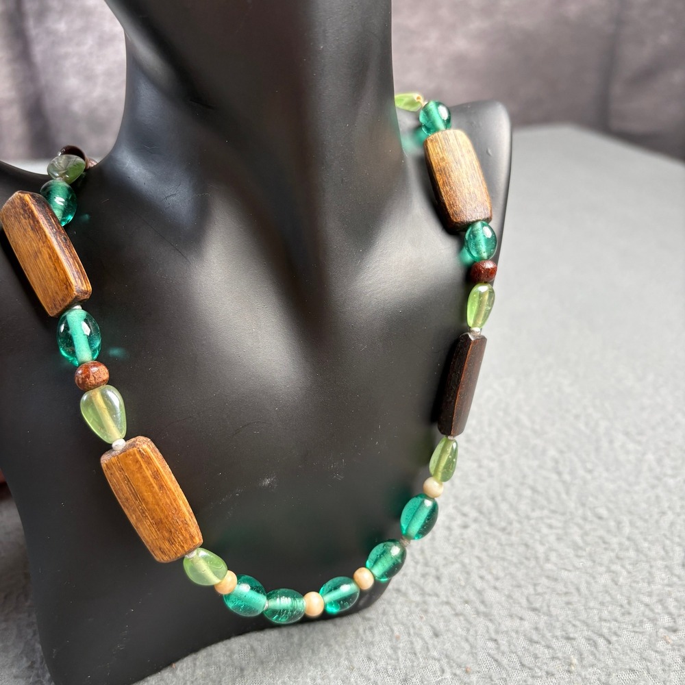 Boho Green Glass and Wood Beaded Necklace Earthy Natural Stone Style 22.5 Inch